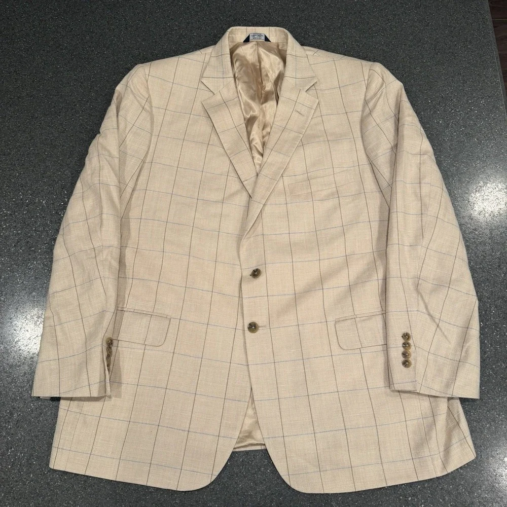 Ben Silver Tan Windowpane Plaid Wool Silk Linen Size 50L Kynoch Of Scotland